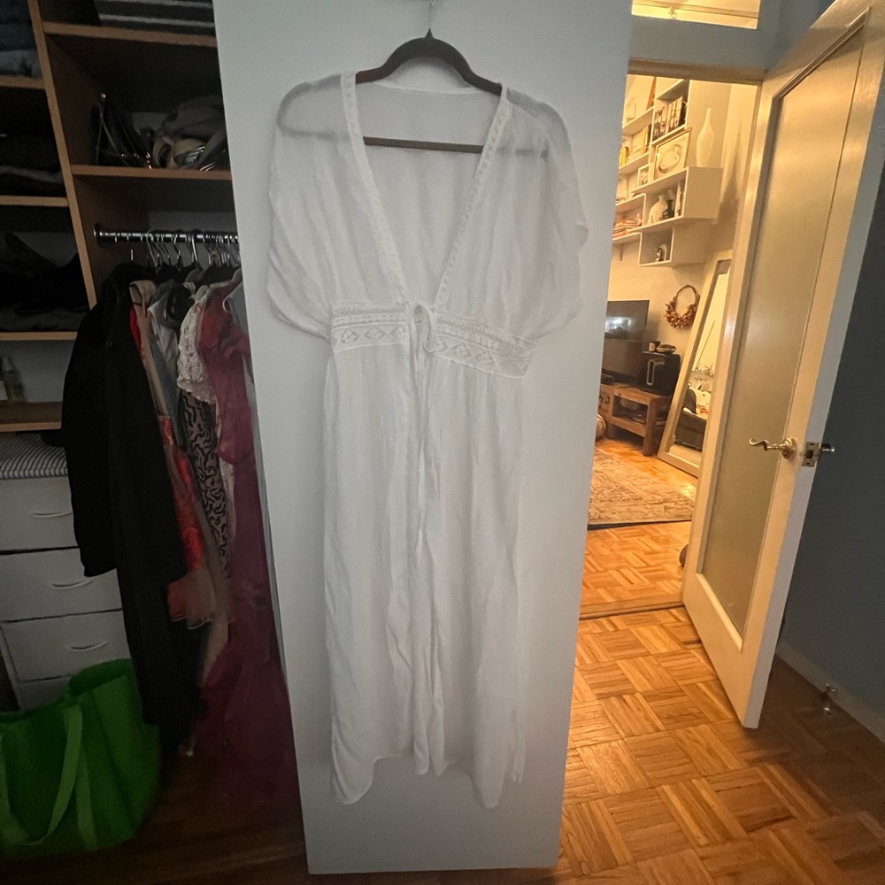 White Boho Maxi Cover Up with Lace Detail